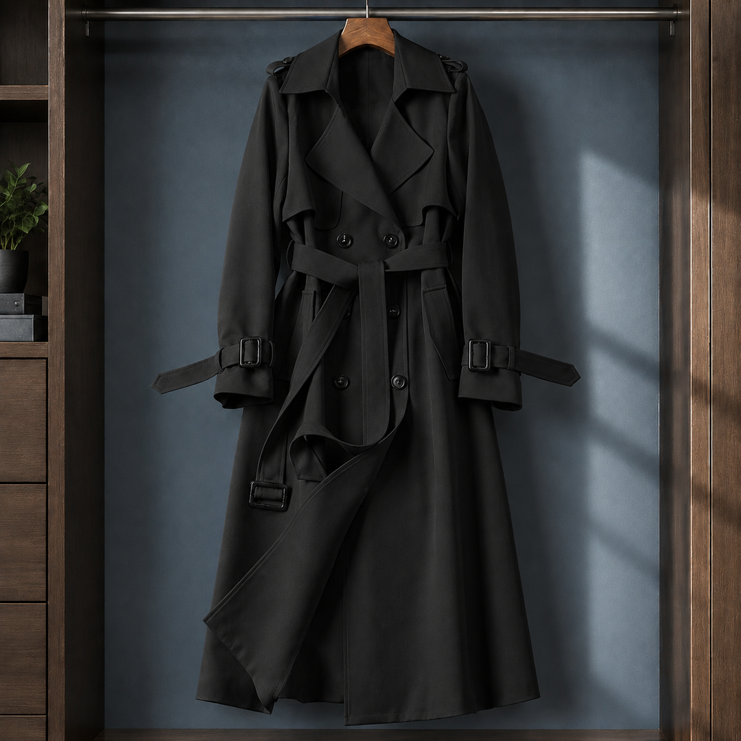 Women's Ancelin-Grace Belted Overcoat in Navy Blue | Invictora.com