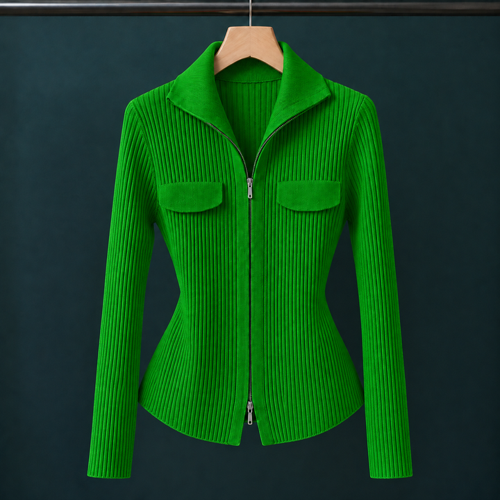 Women's Evelina-Claire Ribbed Zip Cardigan in Red | Invictora.com