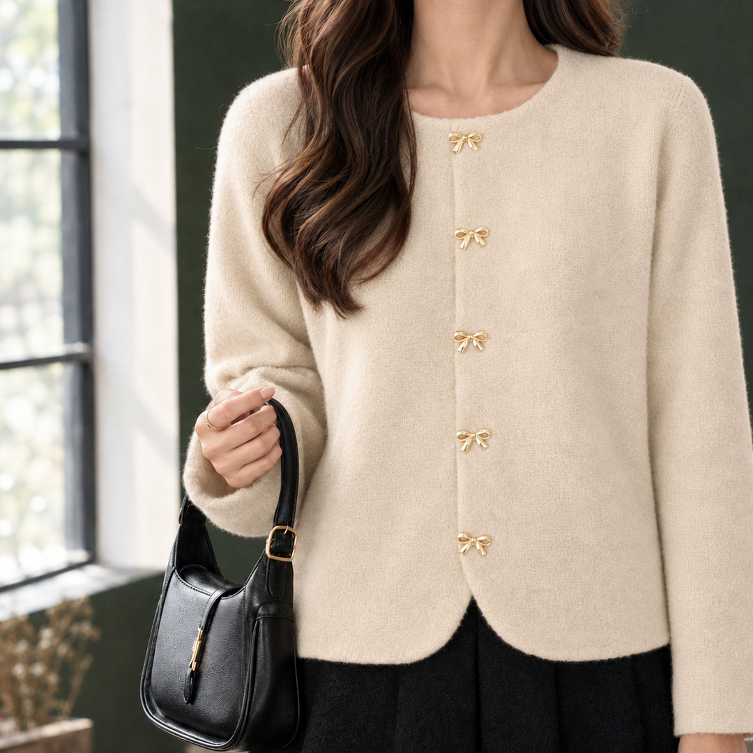 Women's Boxy Round-Neck Cardigan with Bow Buttons