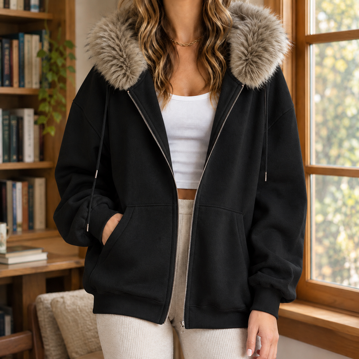 Women's Ardith Fur Trim Hoodie in Light Gray | Invictora.com