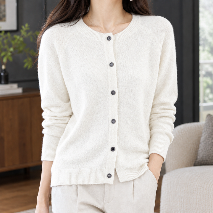 Women's Michelle Round Neck Cardigan in Warm White | Invictora.com
