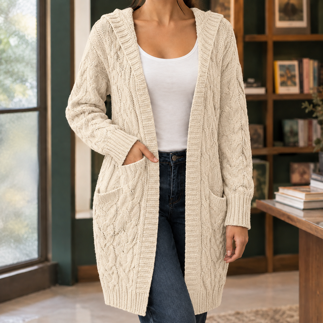 Women's Open-Front Hooded Cable-Knit Long Cardigan