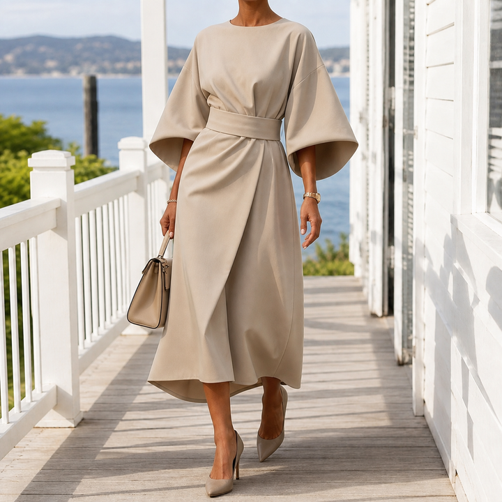 Women's Astrid-Hope Belted Midi Dress in Navy | Invictora.com