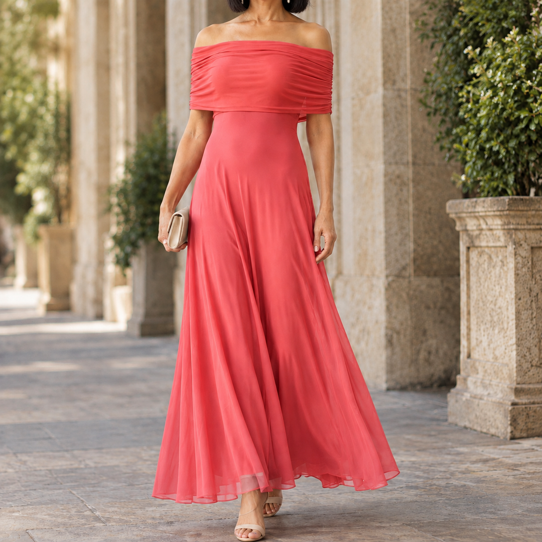 Women's Sylvie-Elise Bardot Maxi Dress in Brown | Invictora.com