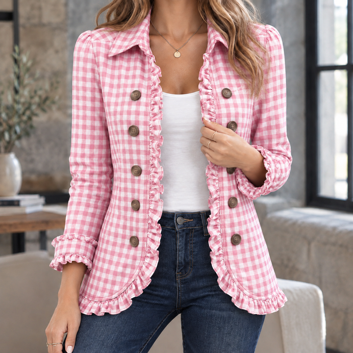 Women's Sharon-Marie Ruffle Overshirt in Black Gingham | Invictora.com