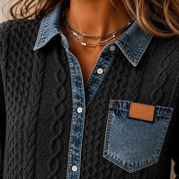 Women's Oriana Denim Trim Shirt in Dark Blue | Invictora.com