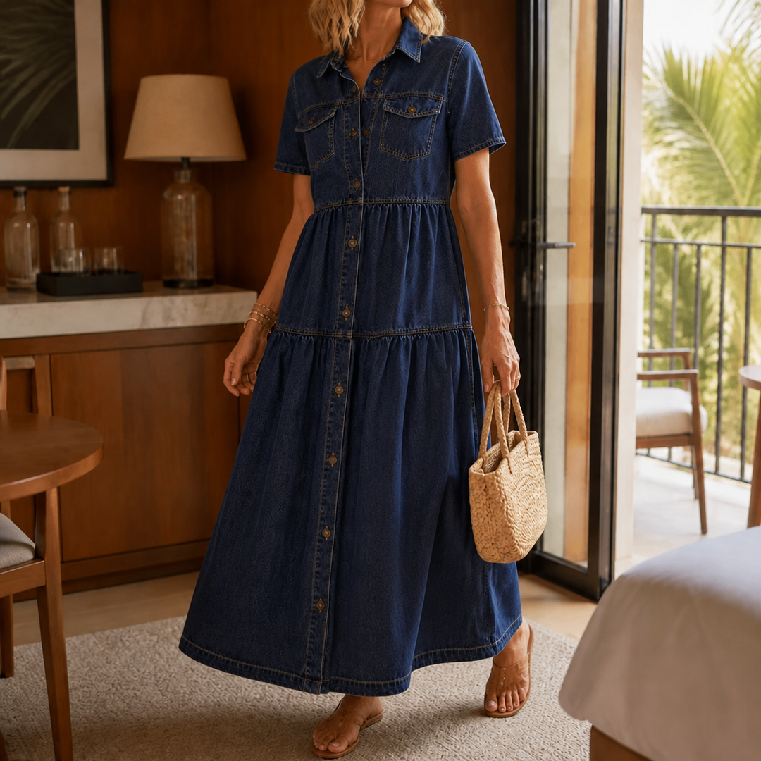 Women's Estelle-Claire Tiered Denim Dress in Light Blue | Invictora.com