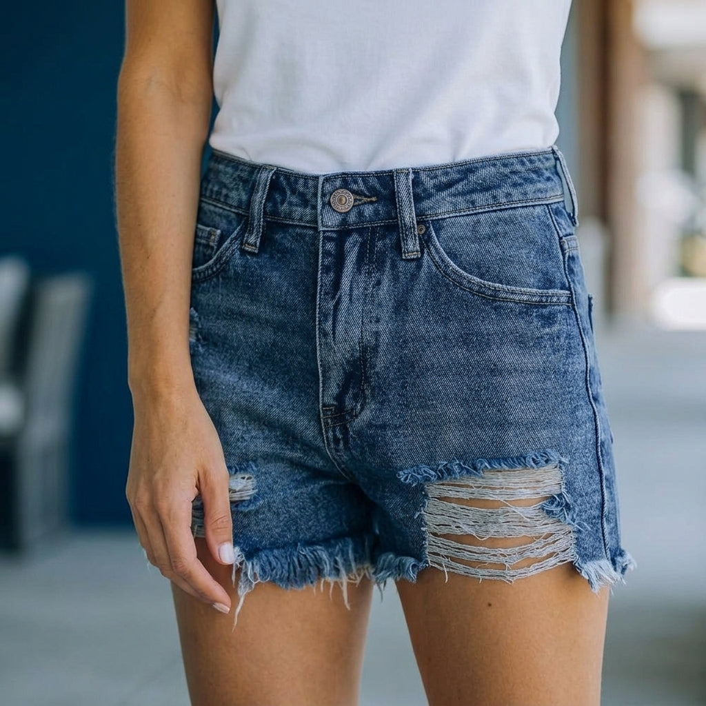 Women's Celeste Distressed Shorts in Dark Blue | Invictora.com