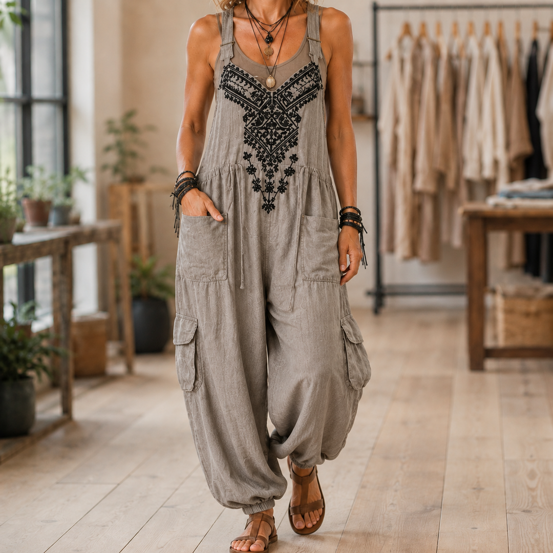 Women's Celeste-Rose Embroidered Jumpsuit in Denim Blue | Invictora.com