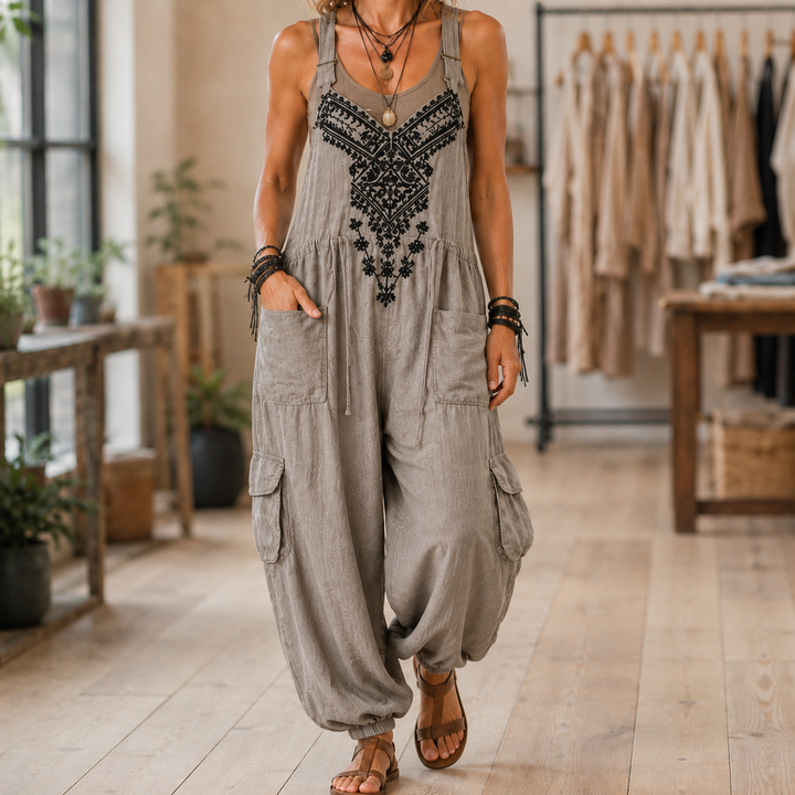 Women's Celeste-Rose Embroidered Jumpsuit in Denim Blue | Invictora.com