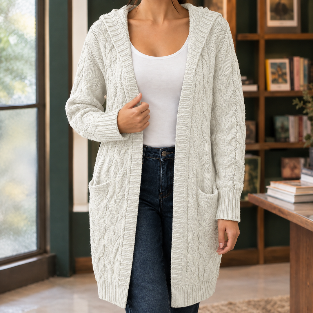 Women's Open-Front Hooded Cable-Knit Long Cardigan