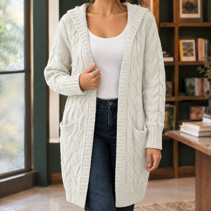Women's Open-Front Hooded Cable-Knit Long Cardigan