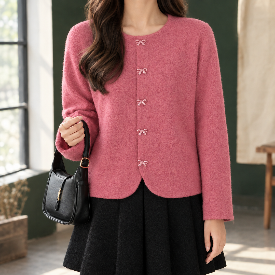 Women's Boxy Round-Neck Cardigan with Bow Buttons