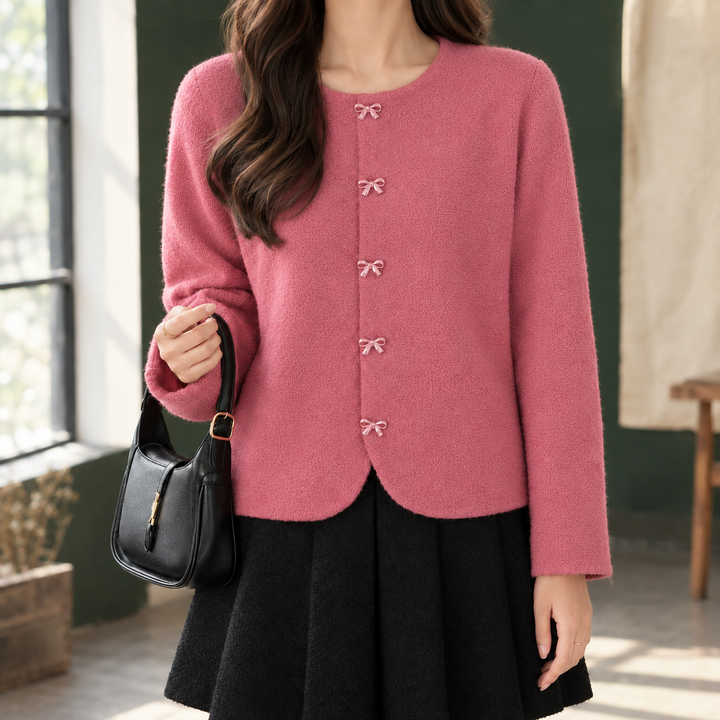 Women's Boxy Round-Neck Cardigan with Bow Buttons