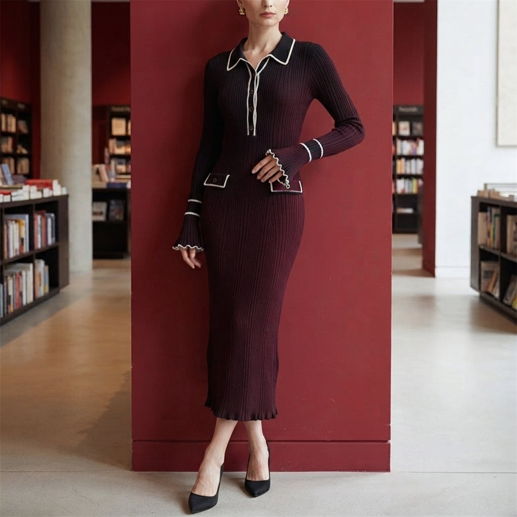Women's Amelie Ribbed Midi Dress in Long Skirt Black | Invictora.com