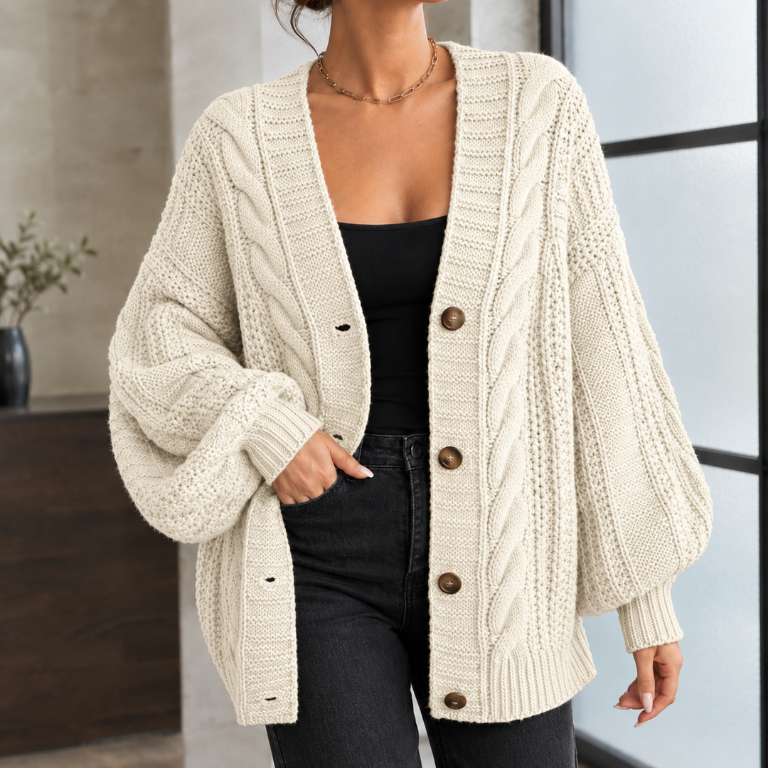 Women's Balloon-Sleeve Oversized Cable-Knit Cardigan