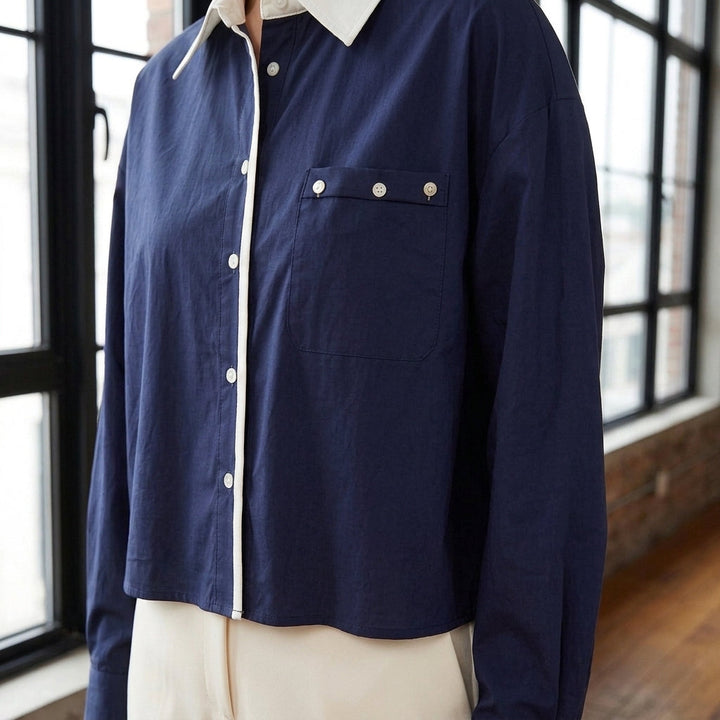 Women's Vivienne Contrast Collar Top in Navy Blue | Invictora.com