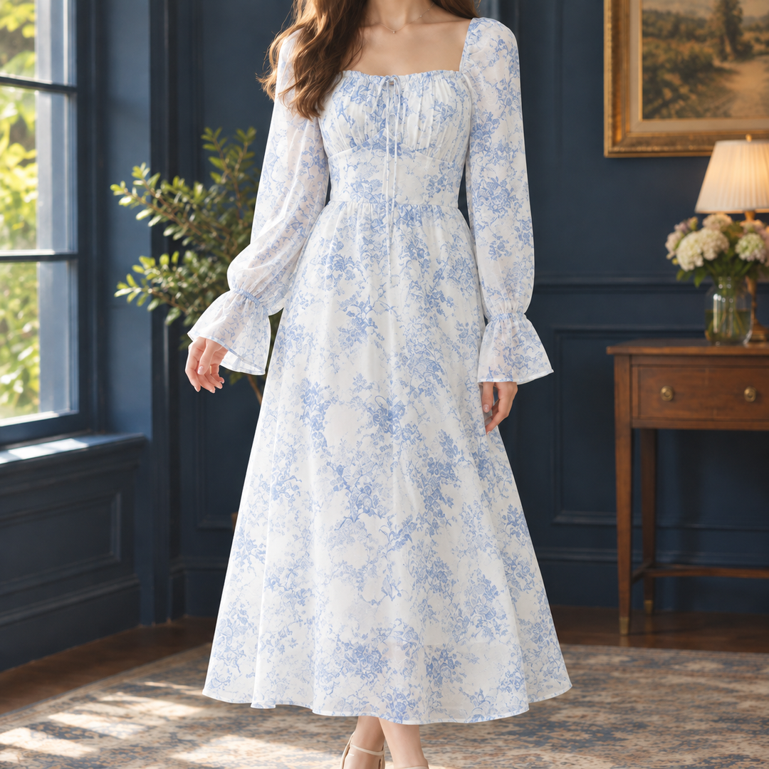 Women's Mireille-Pearl Floral Midi Dress in White Blue Floral | Invictora.com