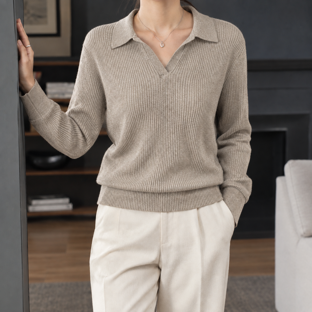 Women's Xaviera-Elise Ribbed Polo Sweater in Brown | Invictora.com