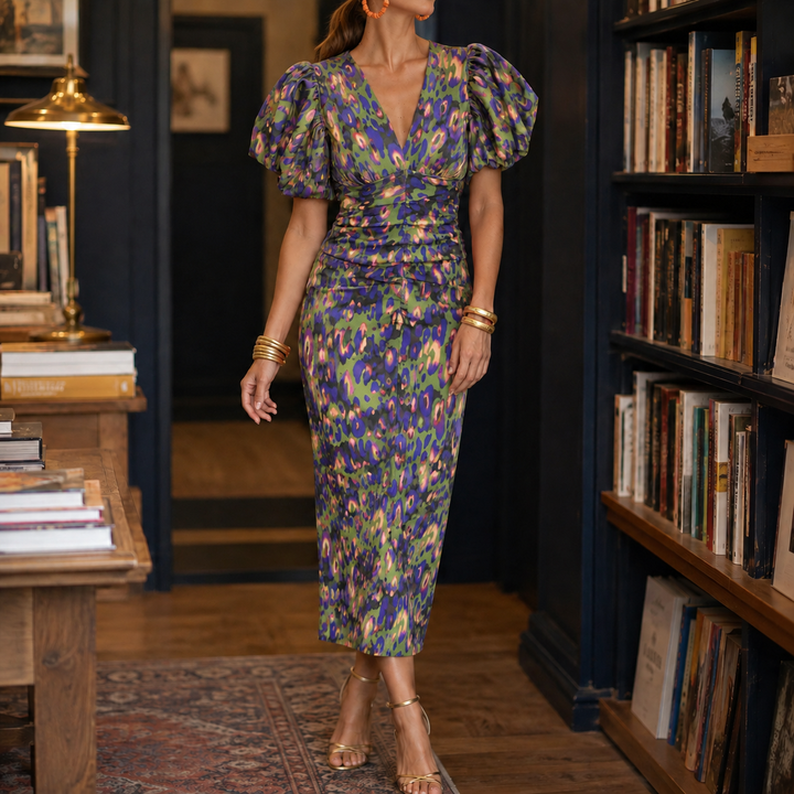Women's Greta-Mae V-Neck Dress in Orange Purple | Invictora.com