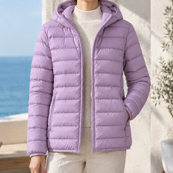 Women's Olympia-Lane Hooded Puffer Jacket in Beige | Invictora.com