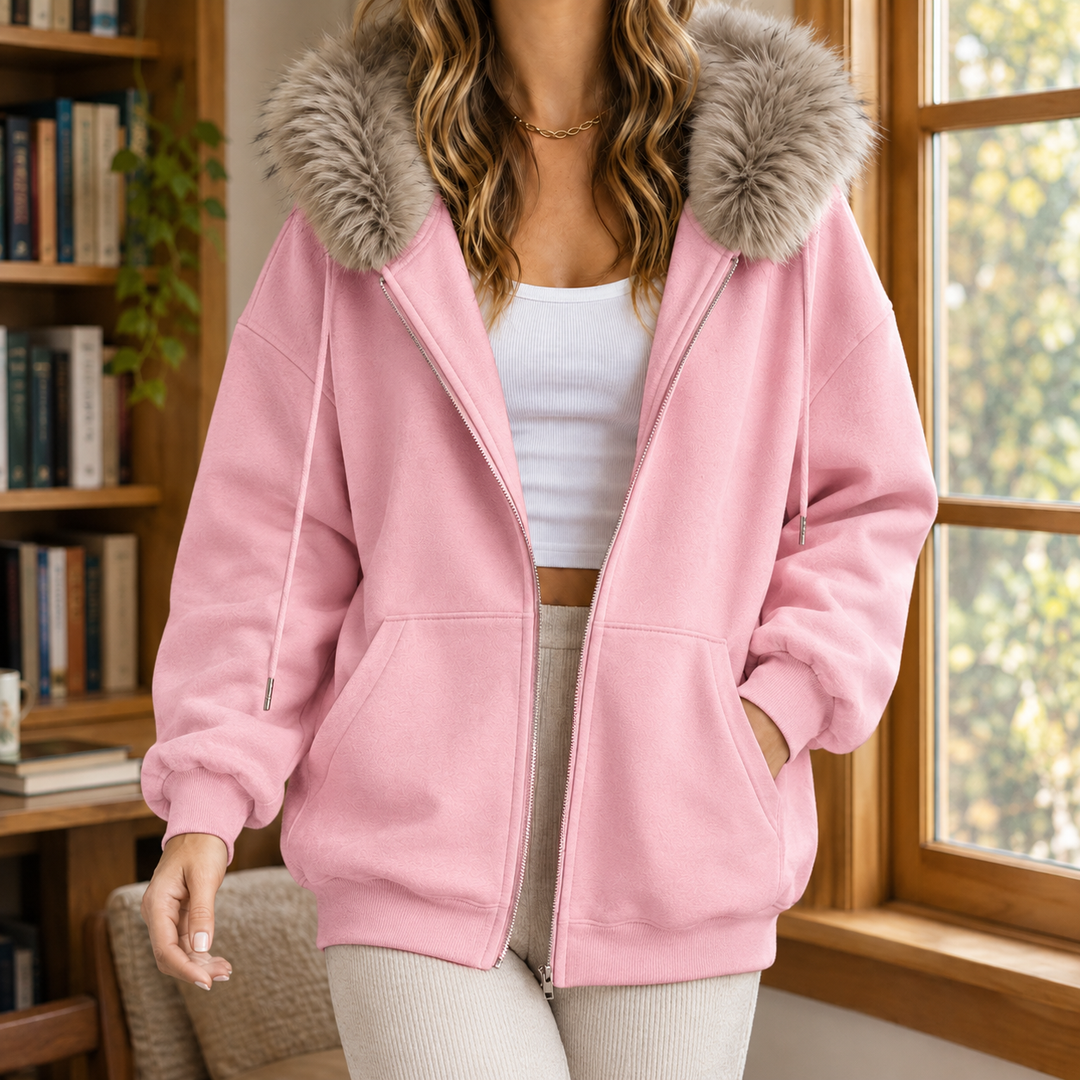 Women's Ardith Fur Trim Hoodie in Light Gray | Invictora.com