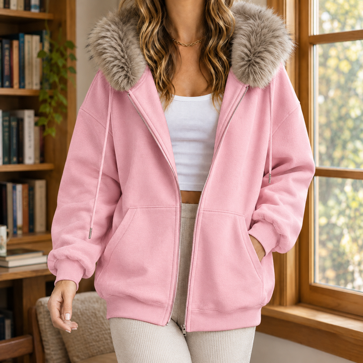 Women's Ardith Fur Trim Hoodie in Light Gray | Invictora.com