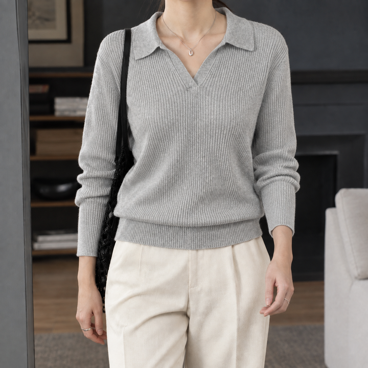 Women's Xaviera-Elise Ribbed Polo Sweater in Brown | Invictora.com