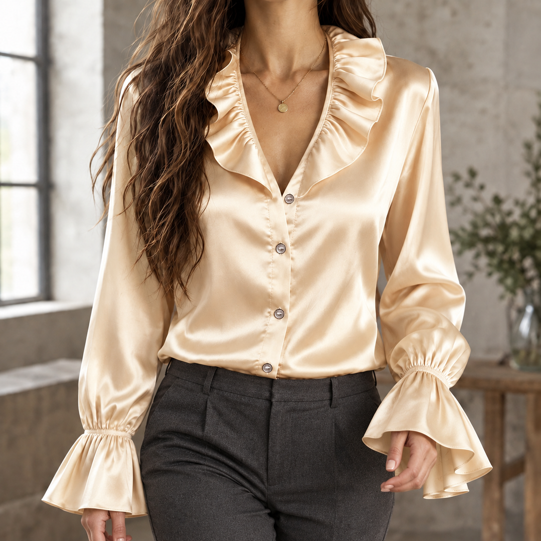 Women's Sabrina Ruffle Neck Blouse in Light Green | Invictora.com