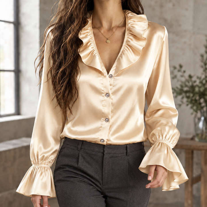 Women's Sabrina Ruffle Neck Blouse in Light Green | Invictora.com