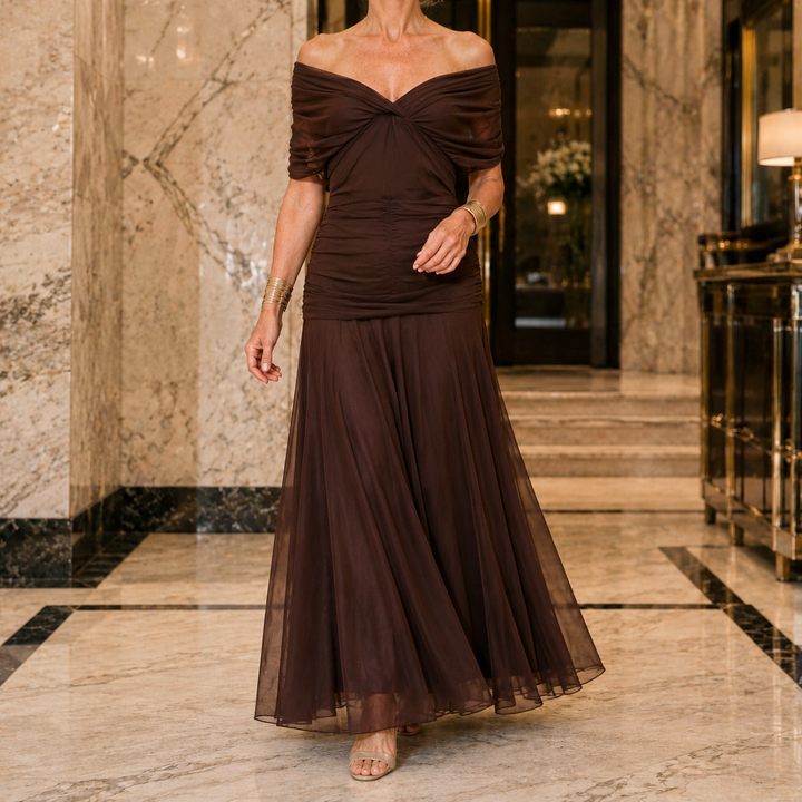 Women's Serena-Pearl Draped Maxi Dress in Dark Green | Invictora.com