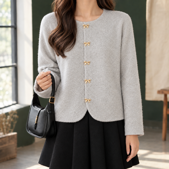 Women's Boxy Round-Neck Cardigan with Bow Buttons