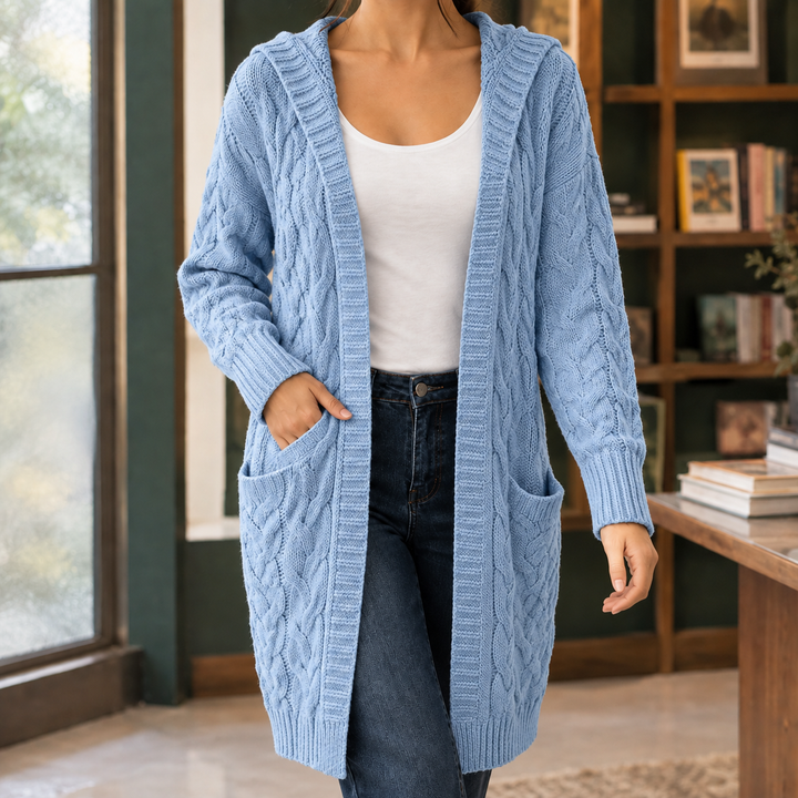 Women's Open-Front Hooded Cable-Knit Long Cardigan