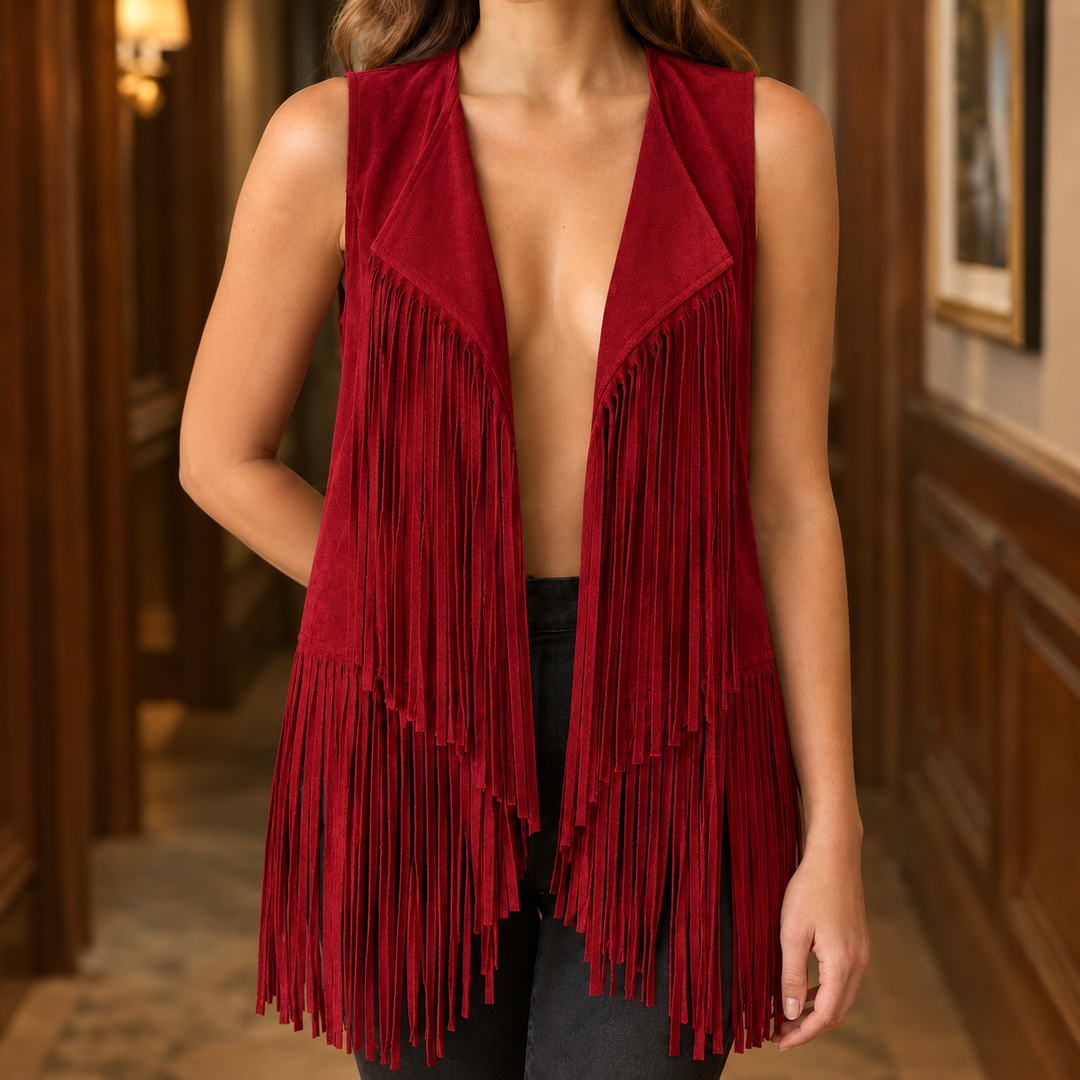 Women's Clemence Suede Fringe Vest in Caramel Brown | Invictora.com