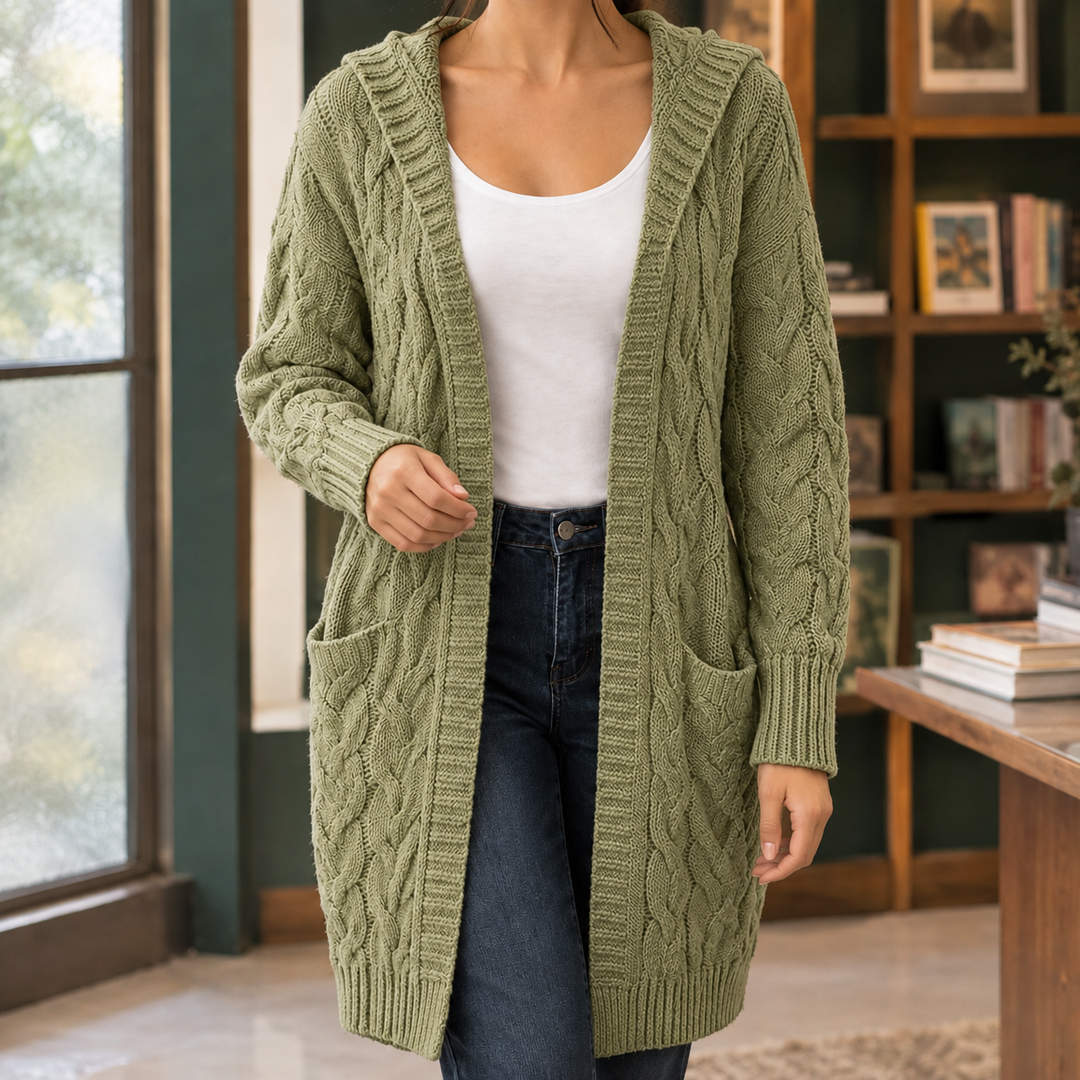 Women's Open-Front Hooded Cable-Knit Long Cardigan