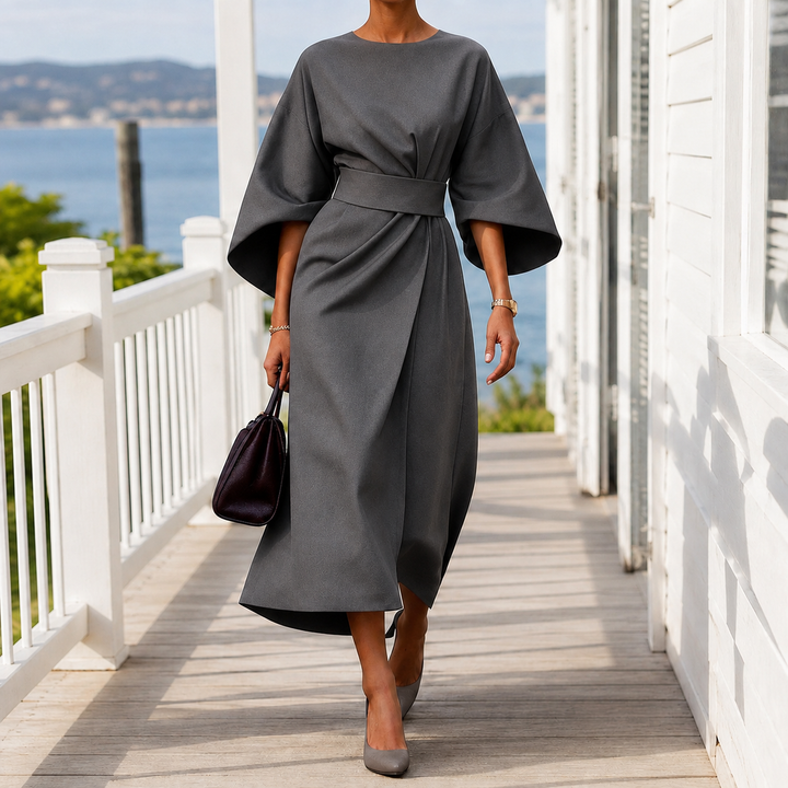 Women's Astrid-Hope Belted Midi Dress in Navy | Invictora.com
