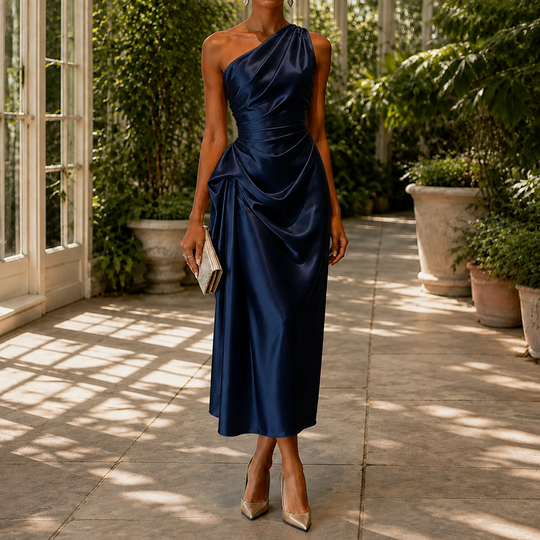 Women's Leonie-Sage One Shoulder Dress in Champagne Gold | Invictora.com