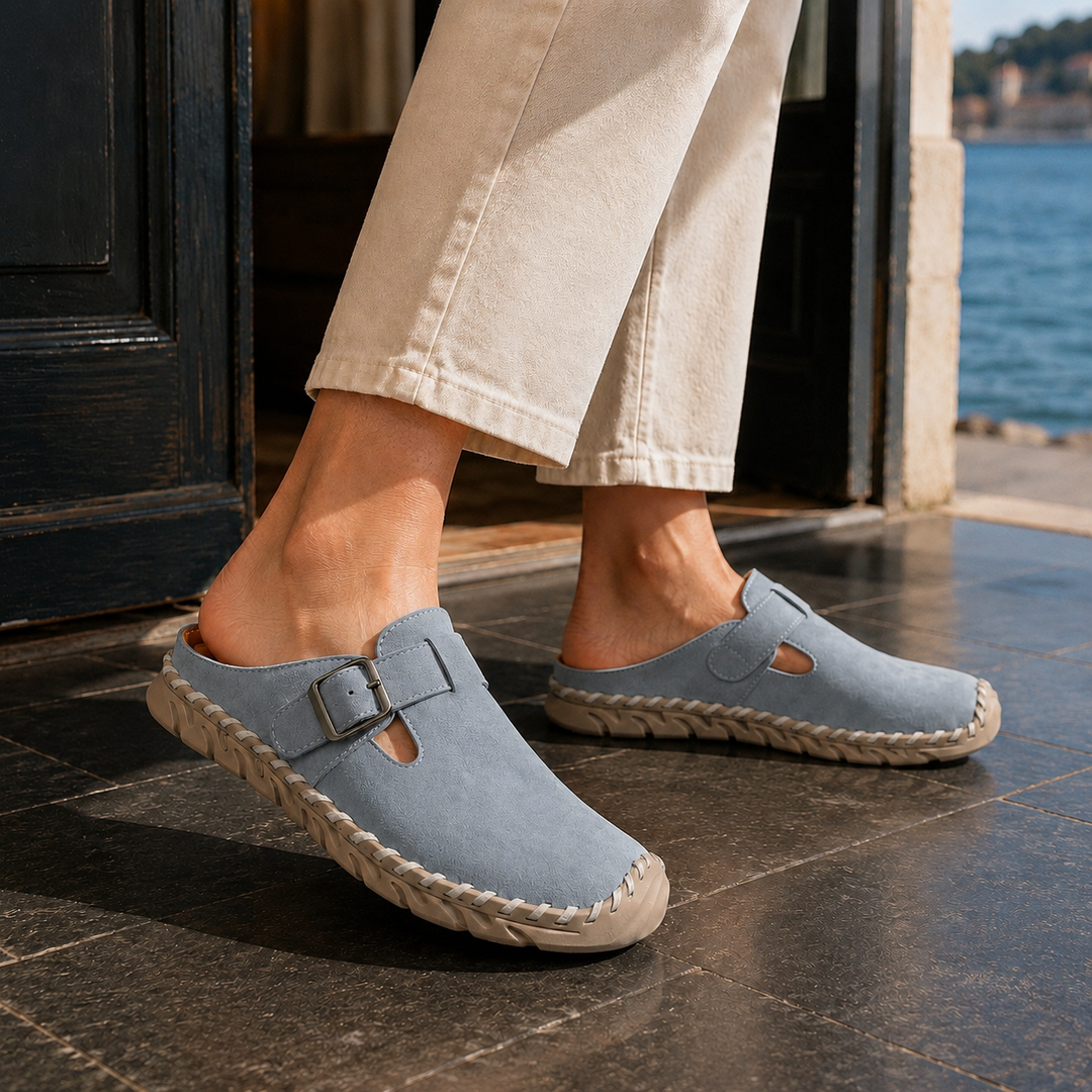 Women's Bernardi Buckle Mules in Beige | Invictora.com