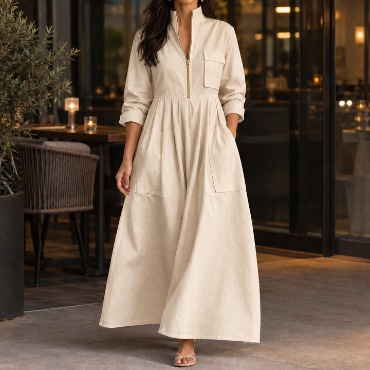 Women's Guinevere-Hope Half-Zip Maxi Dress in White | Invictora.com