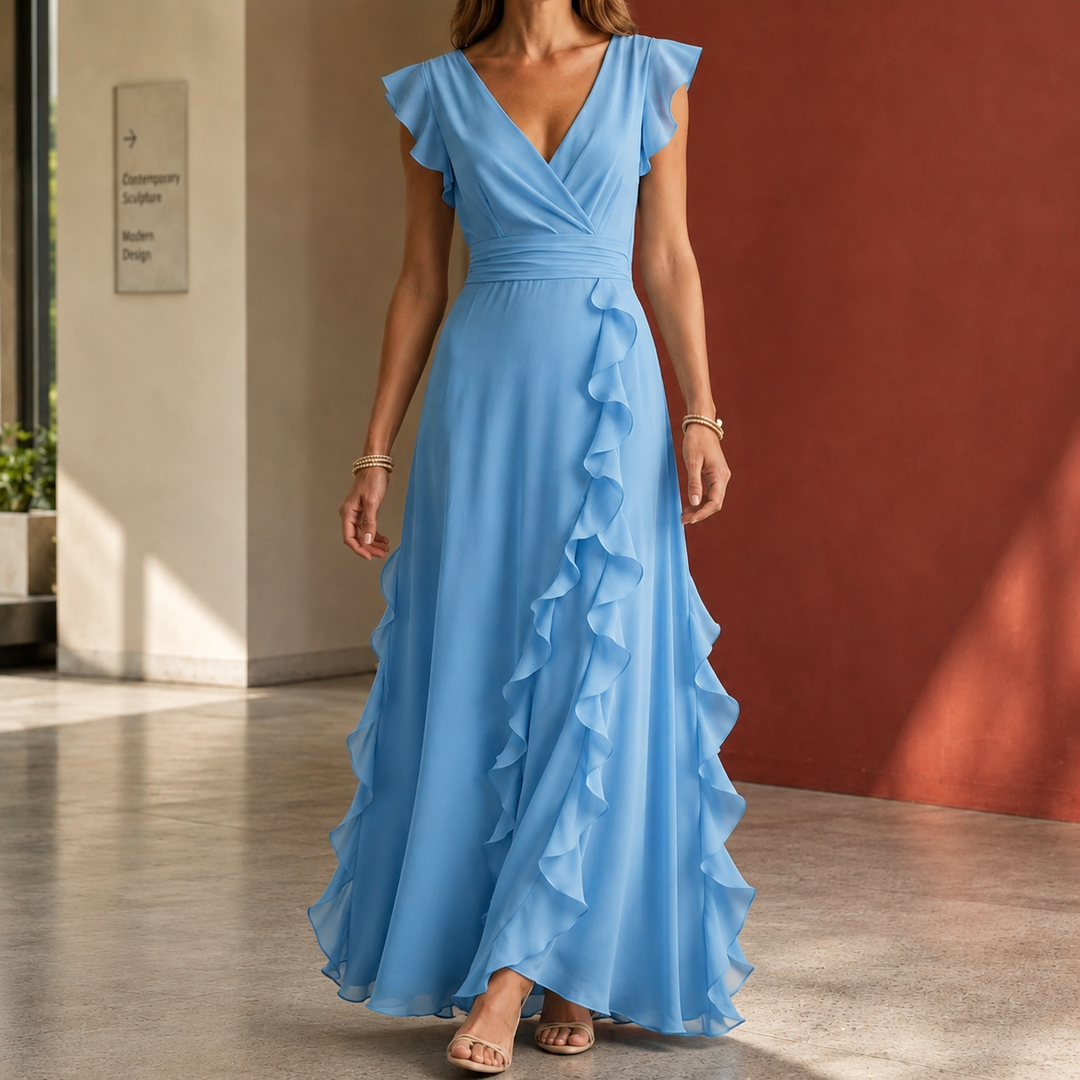 Women's Anais-June Ruffle Maxi Dress in Beige | Invictora.com