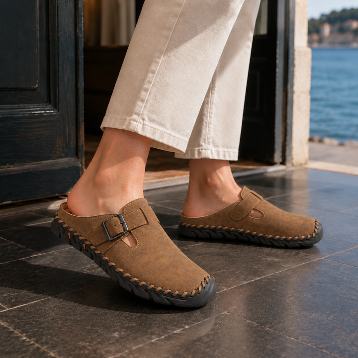 Women's Bernardi Buckle Mules in Beige | Invictora.com