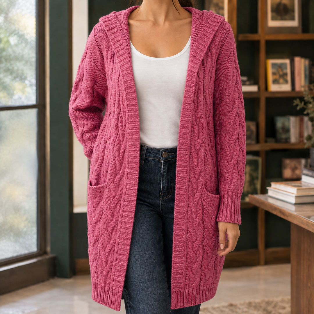 Women's Open-Front Hooded Cable-Knit Long Cardigan