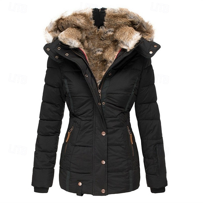 Hooded Puffer Jacket with Shaped Waist and Plush Trim
