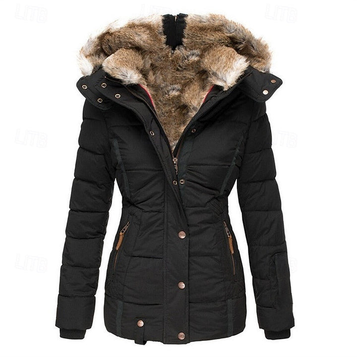 Hooded Puffer Jacket with Shaped Waist and Plush Trim