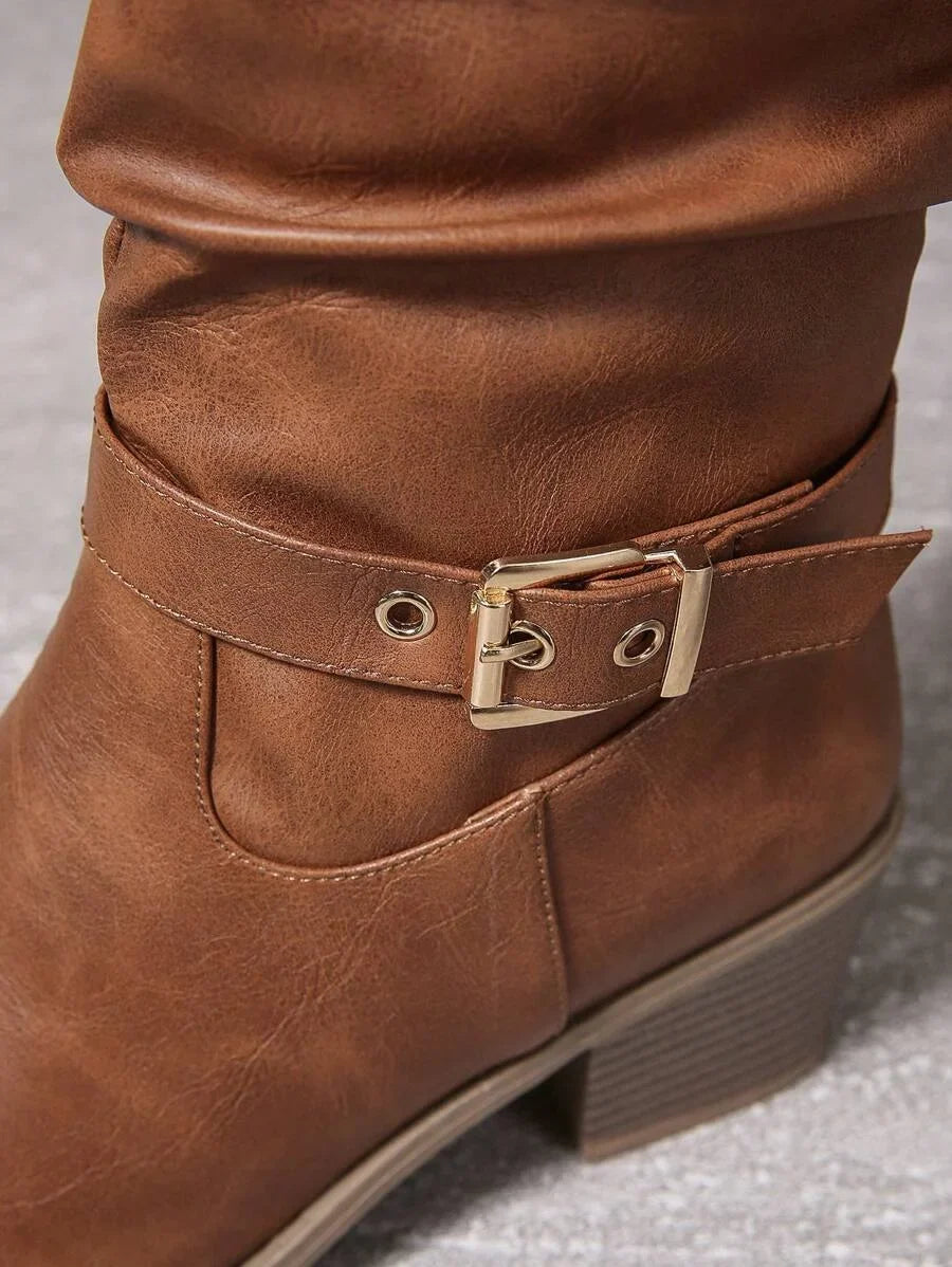 Women's Slouched Knee High Boots – Block Heel Double Buckle