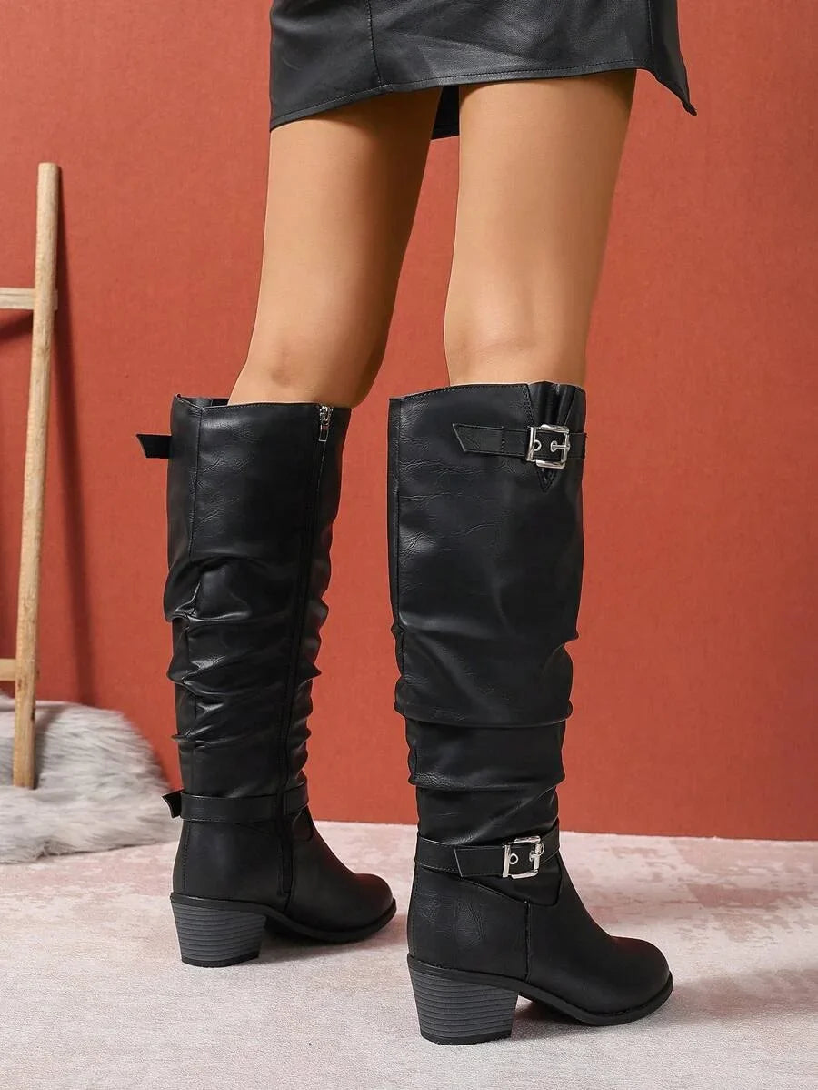 Women's Slouched Knee High Boots – Block Heel Double Buckle