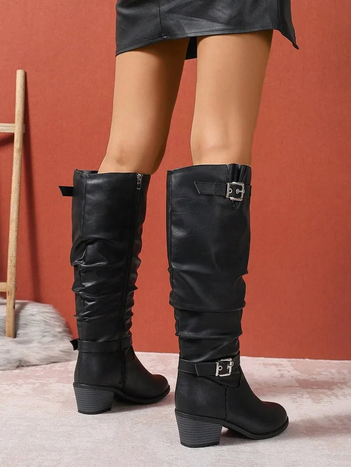 Women's Slouched Knee High Boots – Block Heel Double Buckle