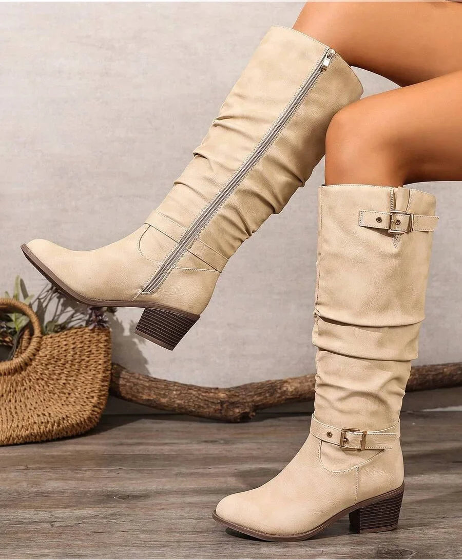 Women's Slouched Knee High Boots – Block Heel Double Buckle