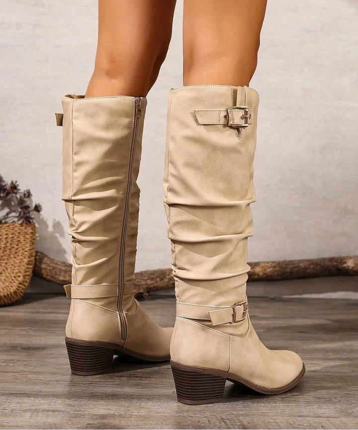 Women's Slouched Knee High Boots – Block Heel Double Buckle