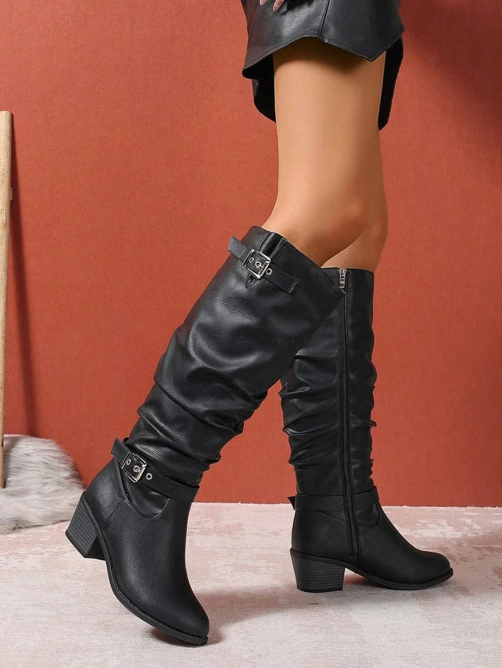 Women's Slouched Knee High Boots – Block Heel Double Buckle